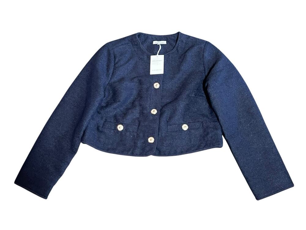 Free Assembly Collarless Boucle Navy Blue Tweed Jacket Interview Nautical L